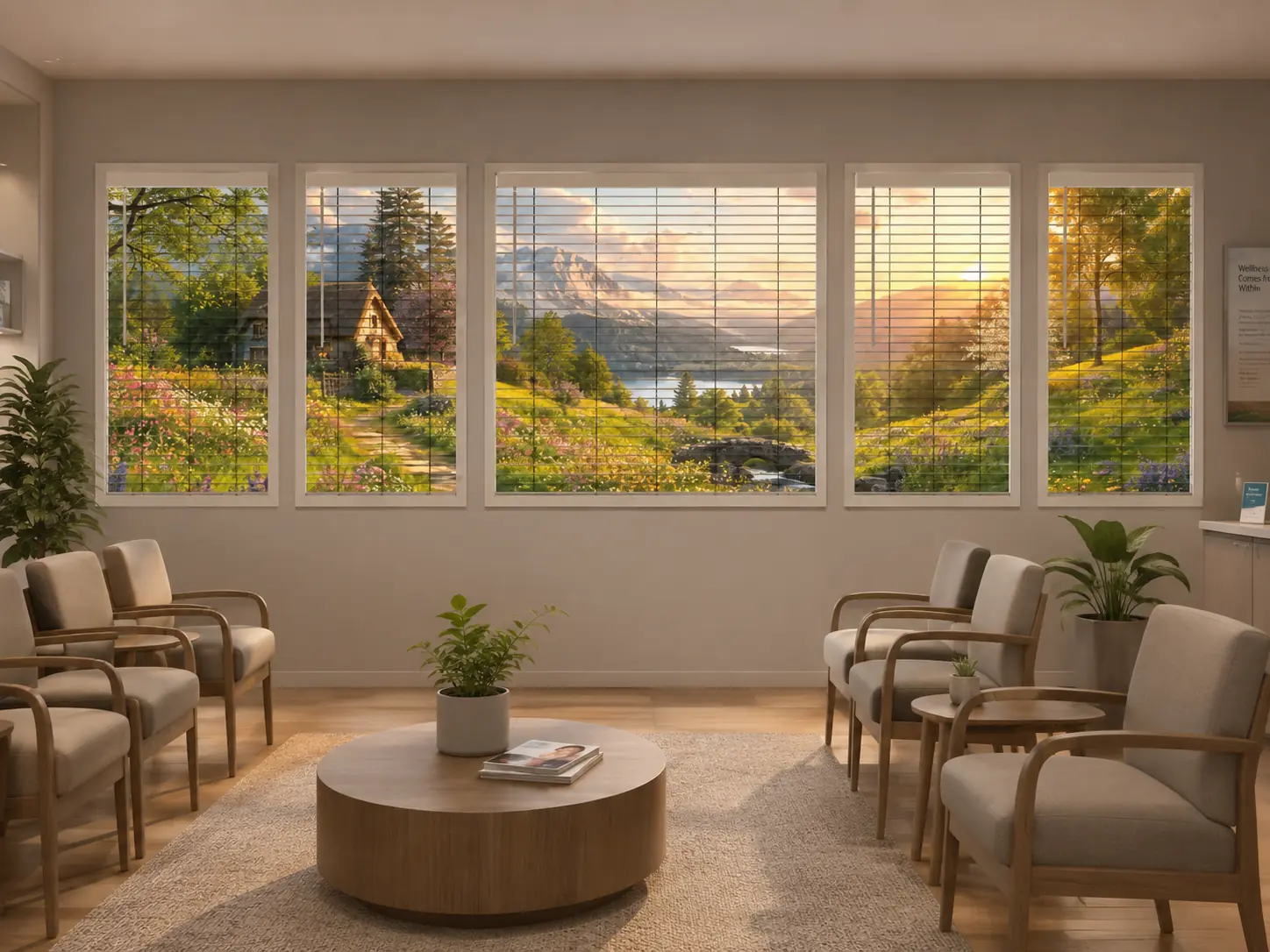 Warm waiting room with a panoramic Designs By Spirit custom blind view