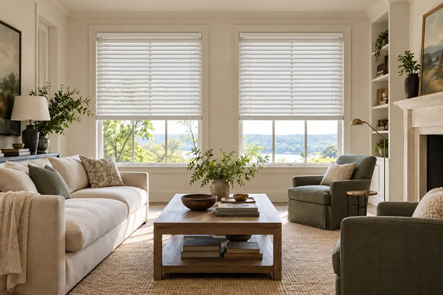 Bright living room with white conventional horizontal blinds
