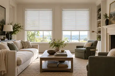 Bright living room with white conventional horizontal blinds
