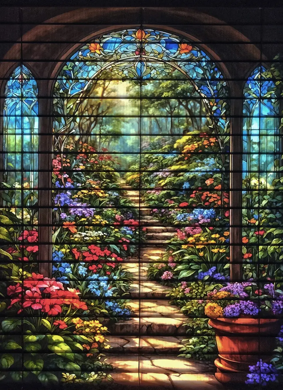 Illuminated garden image across a custom blind