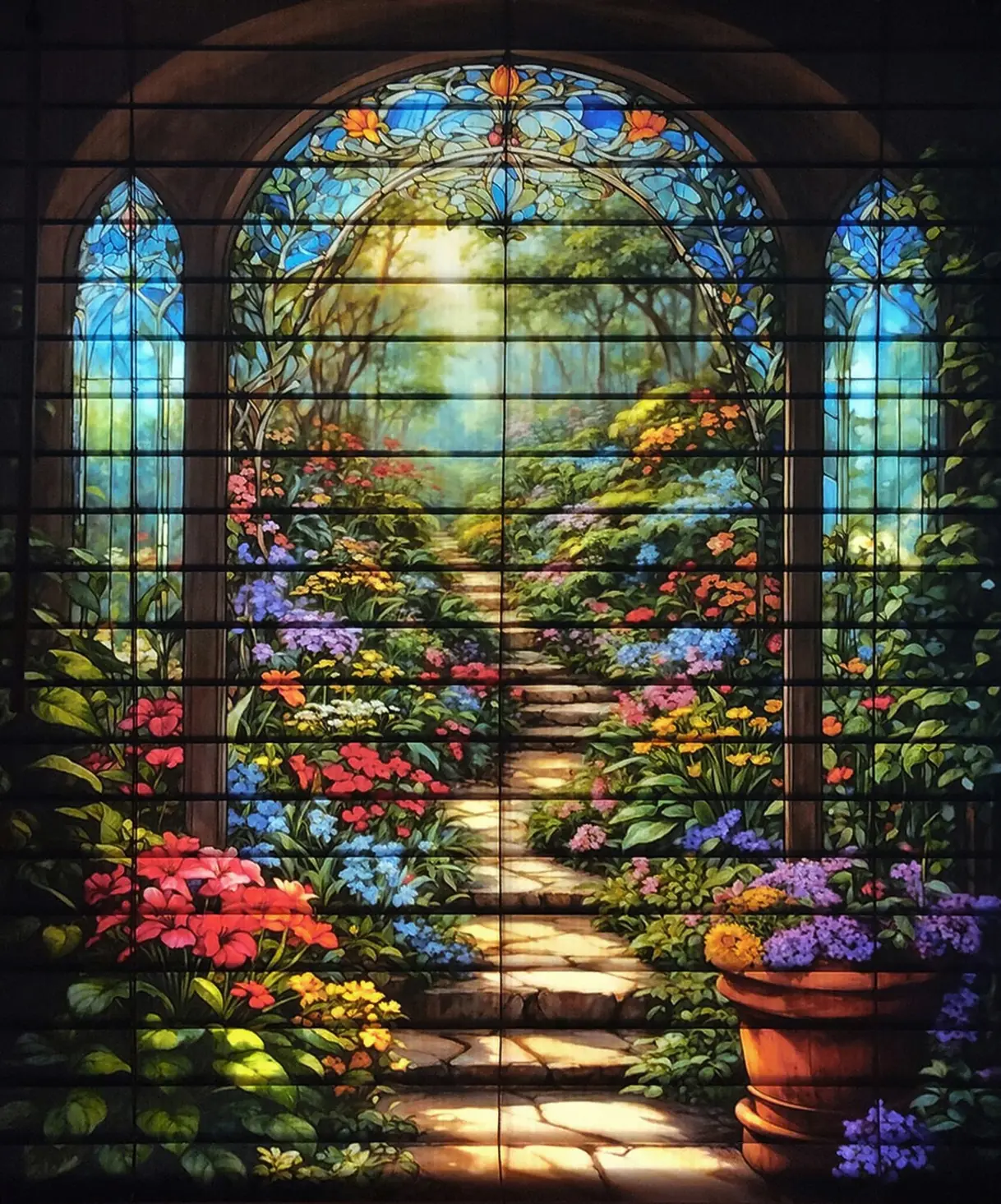 Garden path design across a custom blind