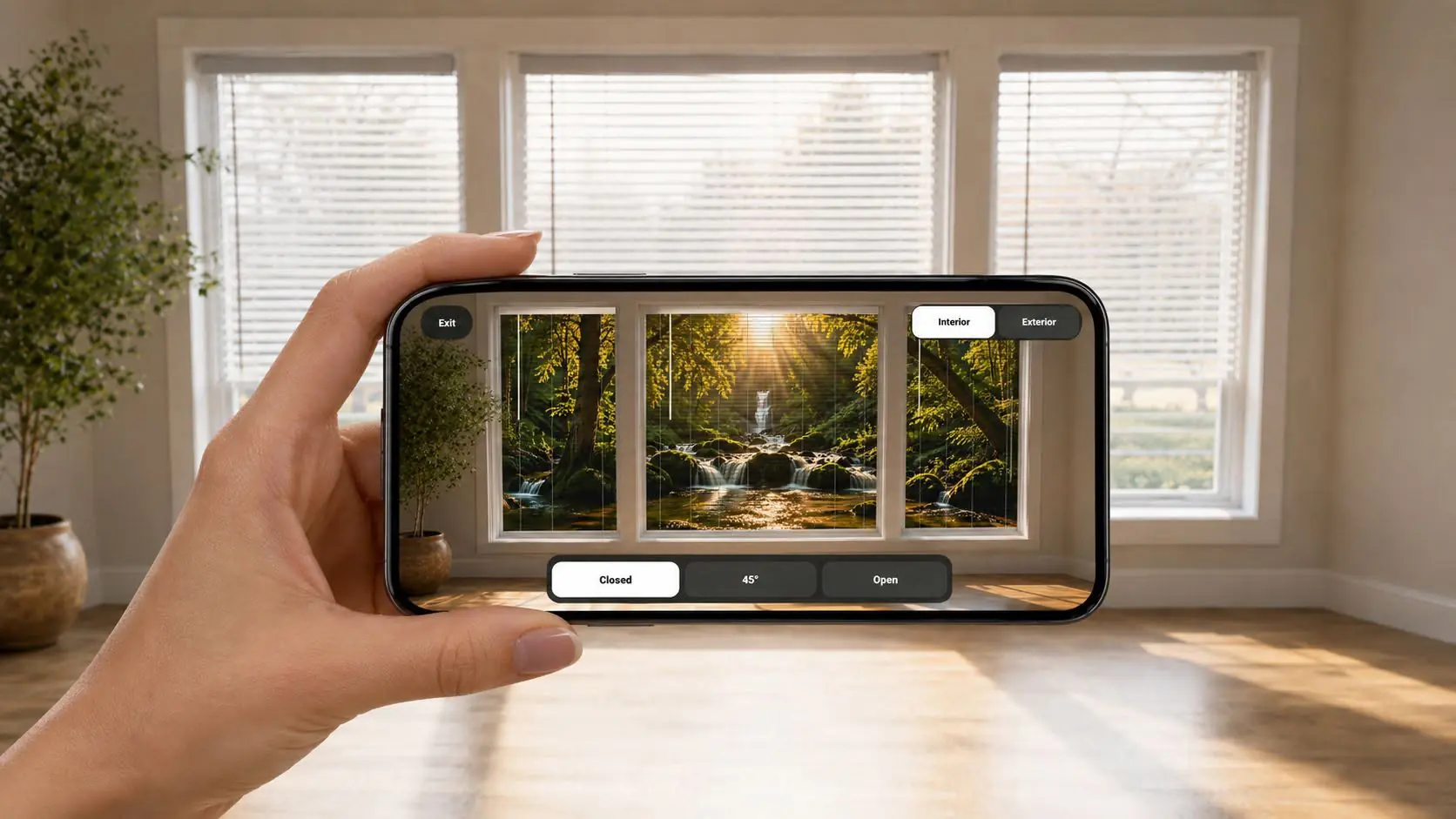 A woman holding a phone that previews a coordinated forest waterfall design across three window blinds in augmented reality