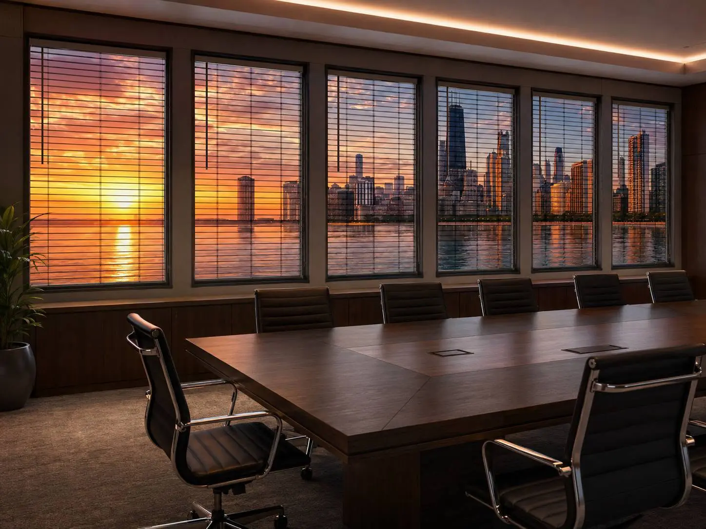 Conference room with a coordinated sunset cityscape displayed across custom horizontal blinds