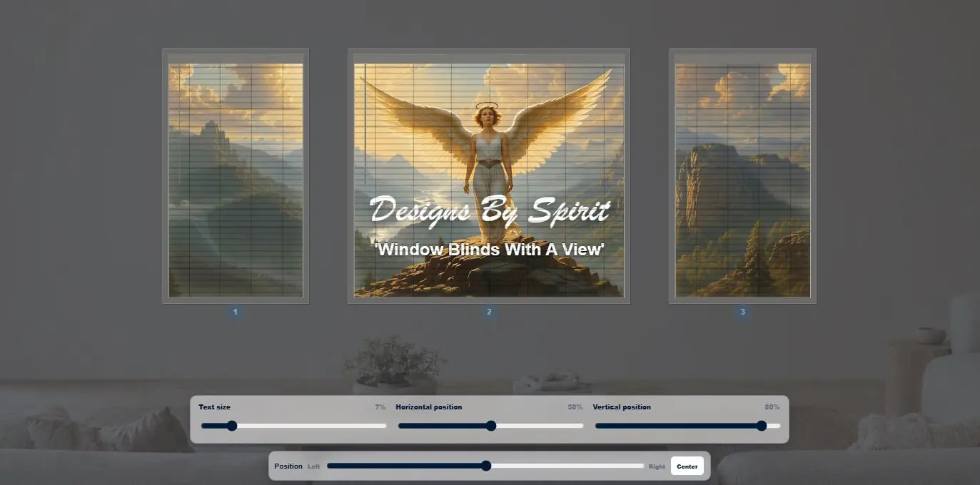 Design A View Studio™ preview showing a coordinated angel landscape across three custom blinds with positioning controls