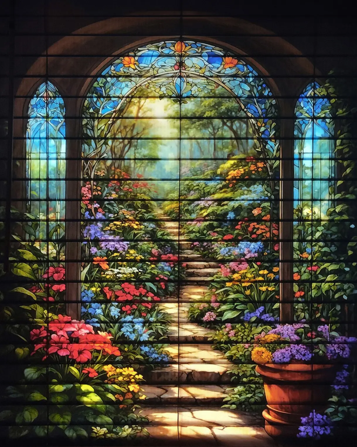 Stained-glass garden view displayed across closed custom horizontal blind slats