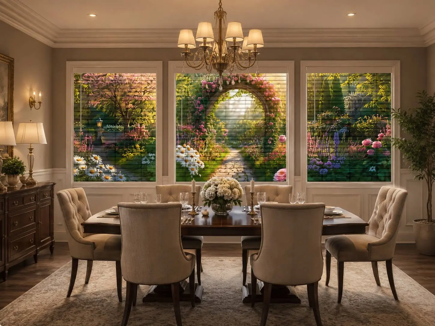 Elegant dining room with a coordinated garden panorama displayed across three custom horizontal blinds