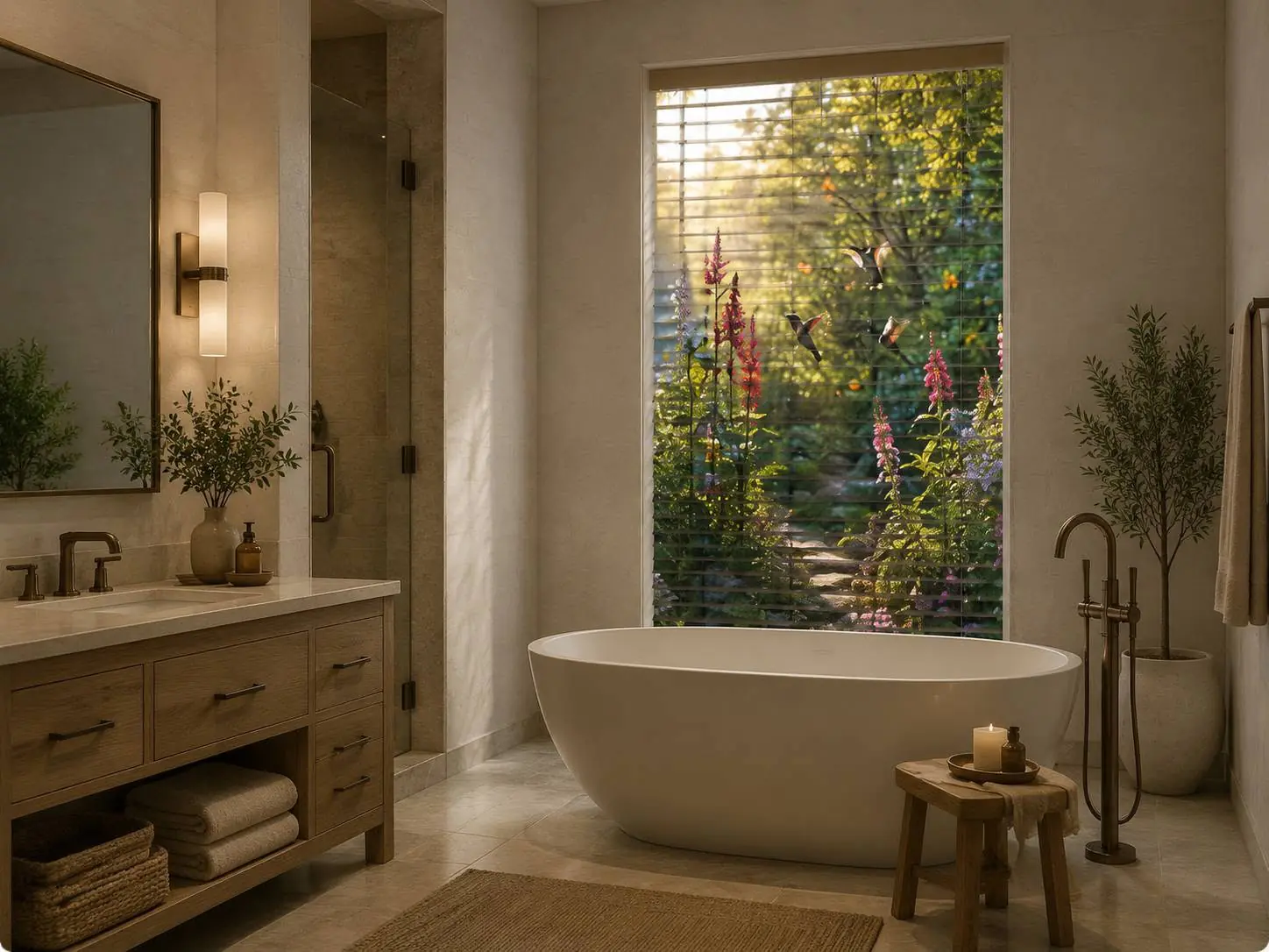 Elegant bathroom with a hummingbird garden design displayed across a custom horizontal blind