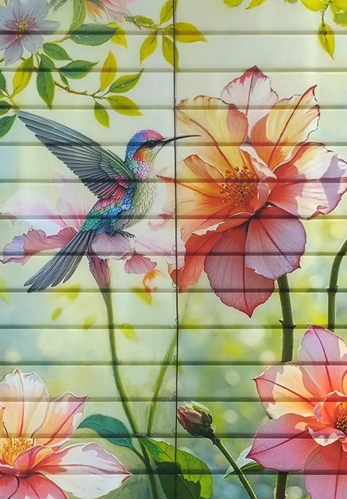 Hummingbird and floral artwork continuing across custom blind slats