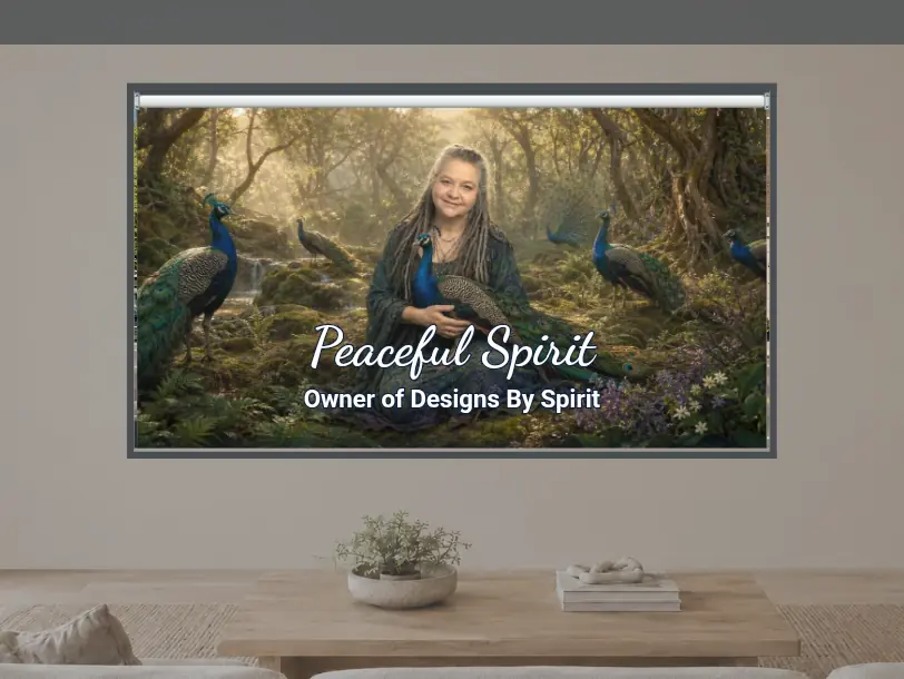 Peaceful Spirit, owner of Designs By Spirit, pictured with peacocks on a roller shade in a living room