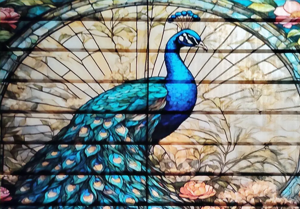 Peacock artwork spanning horizontal blind slats