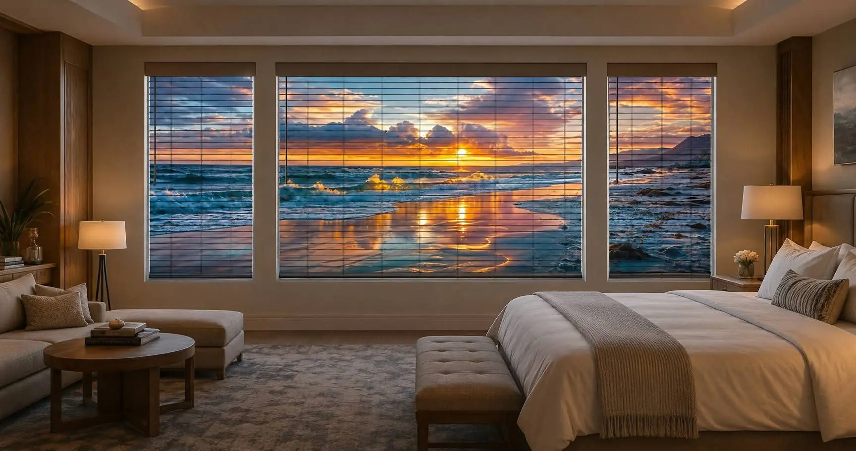 Panoramic ocean sunset design installed across three windows in an elegant bedroom suite