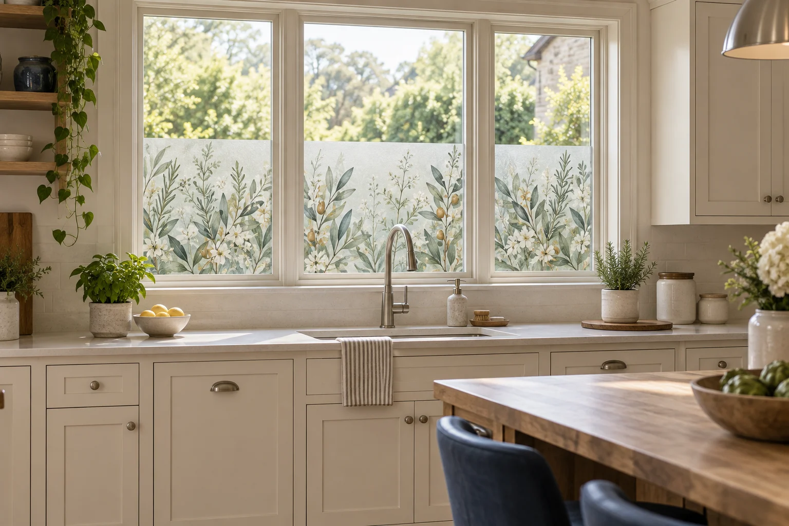 Botanical window film across three kitchen windows