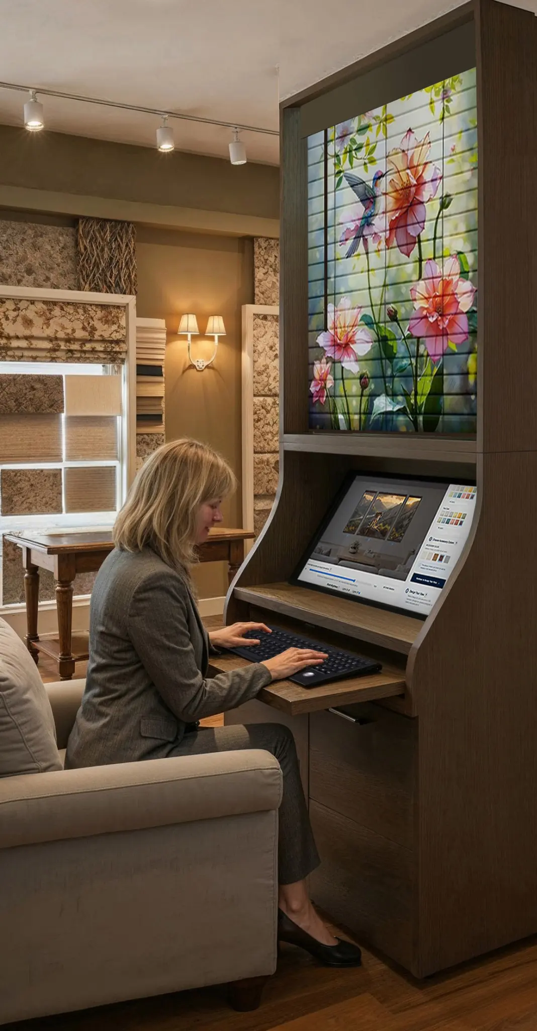 Designs By Spirit™ showroom display with an illuminated custom blind and design workstation