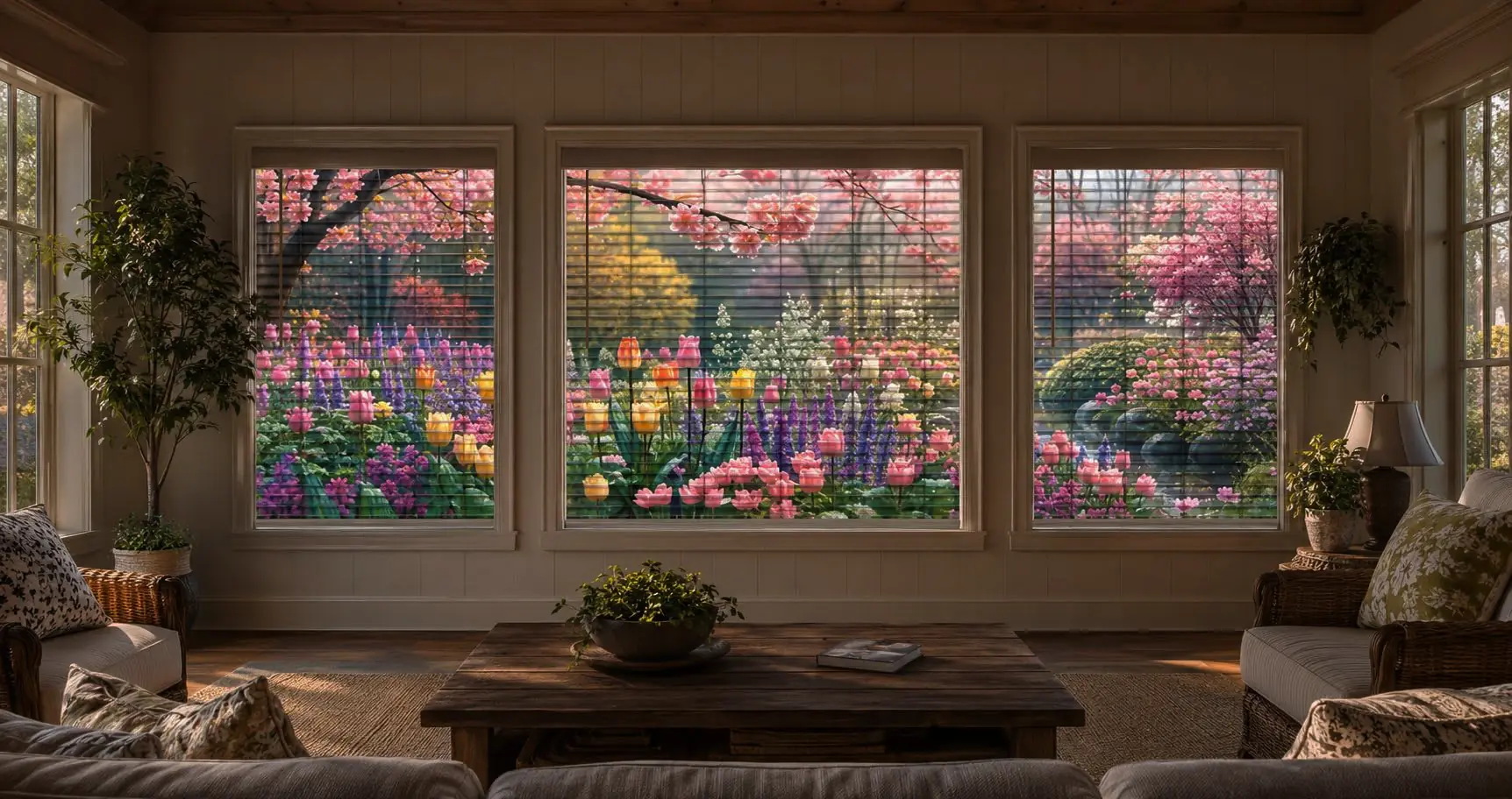 Coordinated floral artwork displayed across three custom horizontal blinds in a warmly lit sunroom